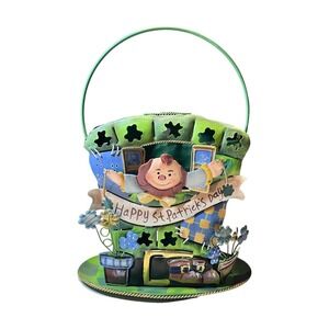 VTG St Patricks Day Leprechaun Hat Lantern Candle Holder Shamrock Metal Decor